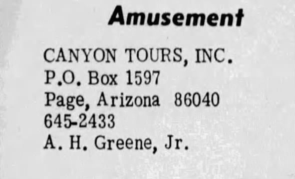 Ad for Canyon Tours, Inc. in AZ Daily Sun Flagstaff, AZ Sept.8, 1971